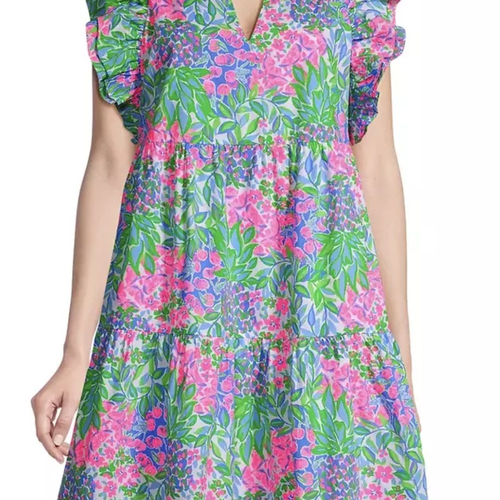 Floral Tiered V-Neck Mini Dress in Pink & Green - Picture 2 of 6